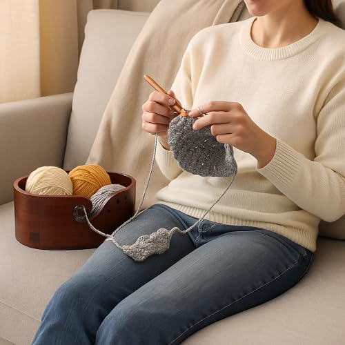 Image of Large Oval-Shaped Wooden Yarn Bowl, 11.2x6.1x4.7inch Wood Bowl for Crocheting, Crochet, Knitting, and Sewing, Yarn Holder with Multiple Holes, High Capacity Storage, Christmas Gifts for Crocheters