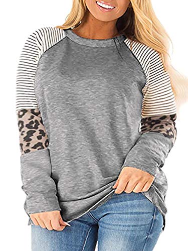 ROSRISS Plus Size Long Sleeve Tee Shirt for Women Striped Leopard Print Tunic Grey 20W