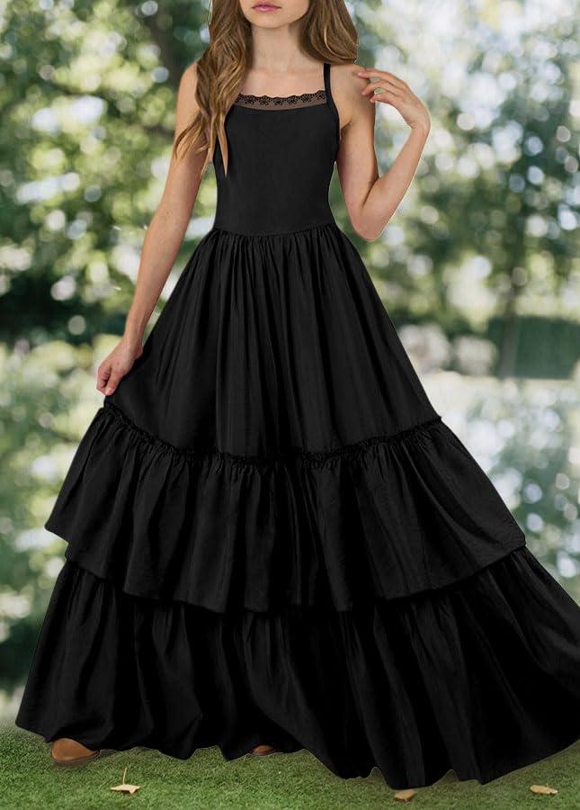 Kids4ever Girls Long Strap Dress Ruffle Kids Backless Tiered Maxi Dresses Party 6-13 Years2