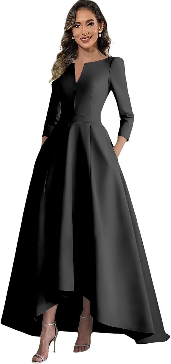 Satin Mother of The Bride Dresses for Women High Low Long Sleeve Formal Wedding Guest Dress with Pockets