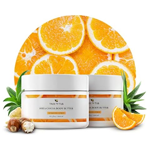 Tree to Tub Shea Body Butter for Dry, Extremely Dry, Sensitive Skin - Moisturizing Body Cream for Women & Men, Hydrating Body Lotion Moisturizer w/Vitamin C, Organic Cocoa, All Natural Citrus Scent Cover