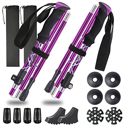 Trekking Poles, Aluminum Alloy Ultralight 0.6lbs, 100kg Load, Collapsible Hiking Poles Walksticks for Backpacking, Hiking, Camping, One Pair (2 Poles), Quick Lock, 12 pcs Tips Cover, Purple
