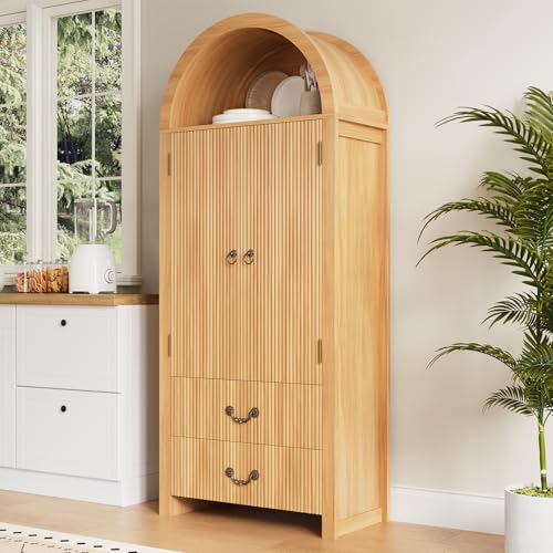 Image of FURSUN 71 inch Arched Storage Cabinet with Fluted Doors, Tall Wood Pantry Cabinet with Drawers & Adjustable Shelves, Modern Coffee Bar Cabinet, Natural Oak