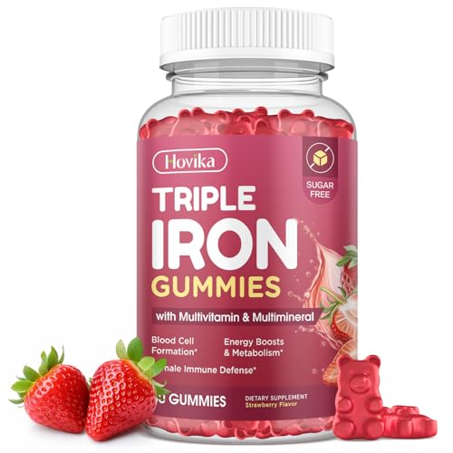 Iron Gummies for Women Triple Iron Supplement with Multivitamin Iron Gummies with Vitamin C A B Folate Copper Zinc for Energy & Blood Support Immune Health Vegan Strawberry Flavor 60 Counts