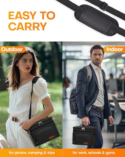 Image of HOTOR Insulated Lunch Box Men Women Leak-Proof Cooler Lunch Bag 15L | 4 Pockets, Adjustable Strap, Ideal for Work, Picnic, Travel, Camping, Gift, Black