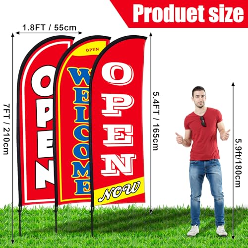 Image of Buryeah 3 Sets Now Open Feather Flag Banner for Business Advertising 7 Feet Tall Grand Opening Feather Flag Sign with Fiberglass Pole Kit Rotating Ground Spike and Portable Bag(Red)
