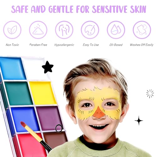 Face Paint Kit, 12 Colors Painting Palette with 10 Brushes Water-Based Body Paint Face Makeup Safe and Easy to Clean for Halloween Carnivals Cosplay Party Stage Performances - Image 5