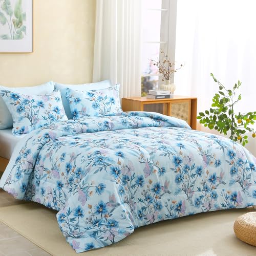 Image of lasoftan Floral Queen Comforter Set with Sheets, 7 piece Luxury Vintage Bedding, Soft Microfiber Bed in a Bag, Cozy Lightweight Bed Set, Blue Flower Leaf Botanical