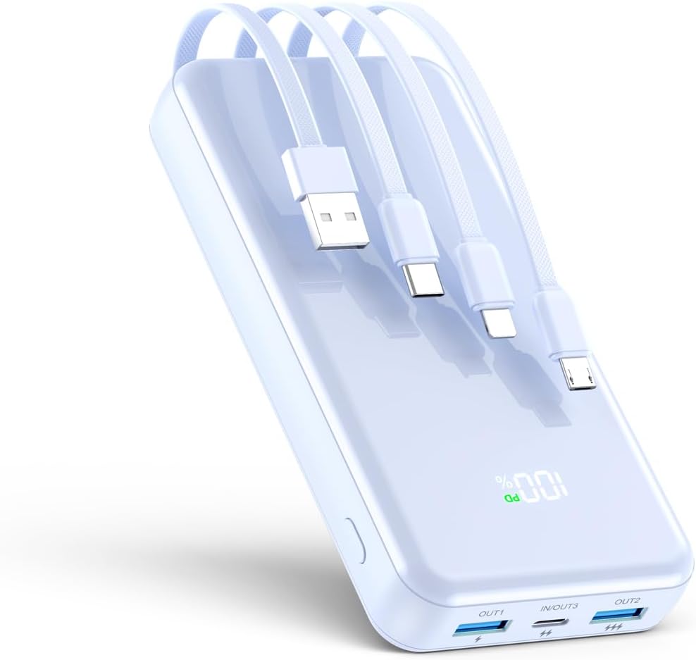 Portable Charger, 42800mAh Power Bank Built-in Cable, 22.5W PD USB C in & Out Fast Charging, External Battery Pack with 6 Output & 2 Input, Travel Phone Charger for iPhone 16/15/14/13/12(Blue)