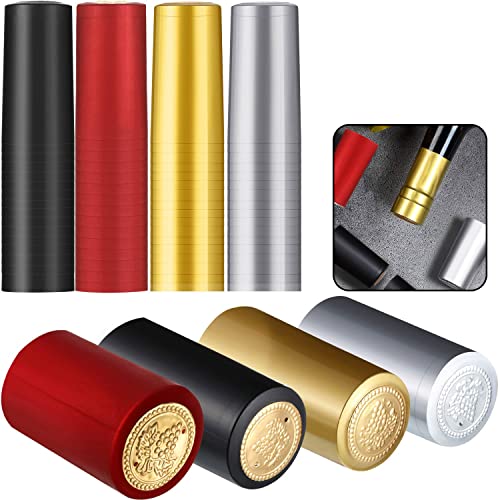 Image of Blulu 400 Pcs Wine Sealer for Bottles PVC Heat Shrink Capsules Bottle Caps for Wine Making Cellars and Home Use (Black,Red,Gold,Silver)