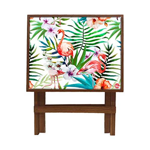 Image of Nutcase Designer Teak Wood Side Table Folding Wooden Bedside Coffee Outdoor Picnic Table - Flamingoes Floral