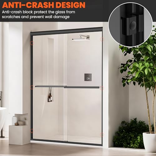 Bathroom Shower Sliding Door, 50\"-54\" W×72\" H Framed Fixed Door for Shower Enclosure, 1/4\"(6mm) Thick Clear Tempered Glass with Handles, Matte Black Finish