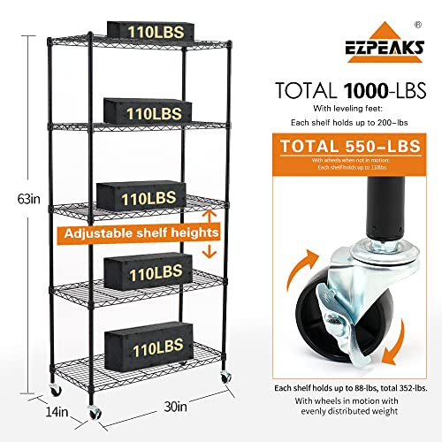 Ezpeaks 5-Shelf Shelving Units And Storage On Wheels With Shelf Liners Set Of 5, Nsf Certified, Adjustable Carbon Steel Wire Shelving Unit Rack For Garage, Kitchen, Office(63H X 30W X 14D) #TOP2