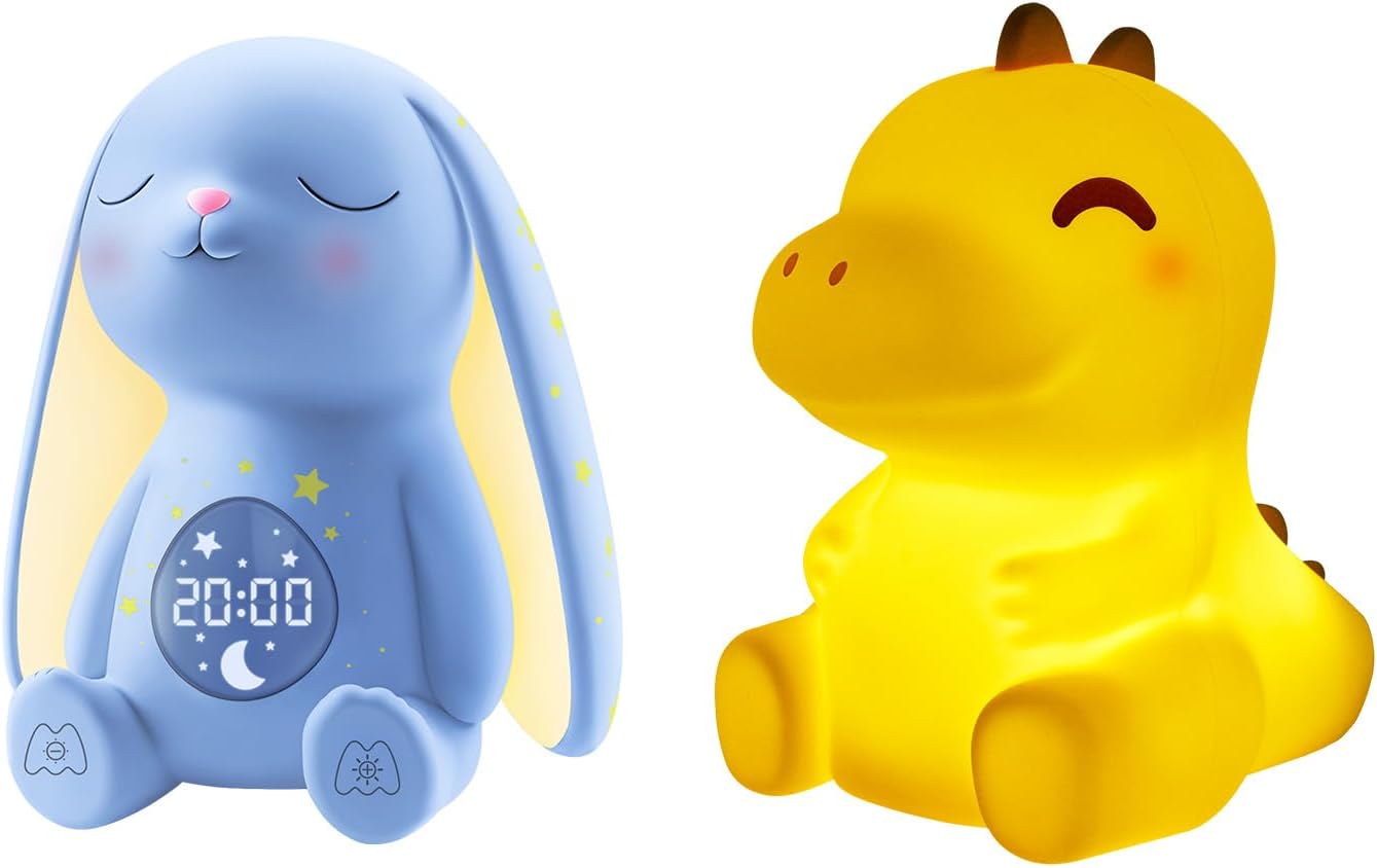 MeWaii White Noise Sound Machine Baby Night Light with Alarm Clock for Kids, 50% Faster Sleep and Huggwaii Squishy Dinosaur Night Light for Kids, Dimmable Silicone Kids Night Light