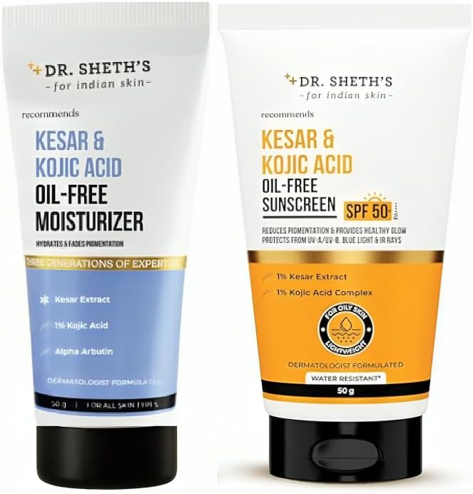 Pigmentation-Free Duo - Kesar & Kojic Sunscreen SPF 50+ & Oil-Free Moisturizer | Brightens, Hydrates & Fades Pigmentation | Lightweight, Non-Greasy, No White Cast | Blue Light, UVA/UVB