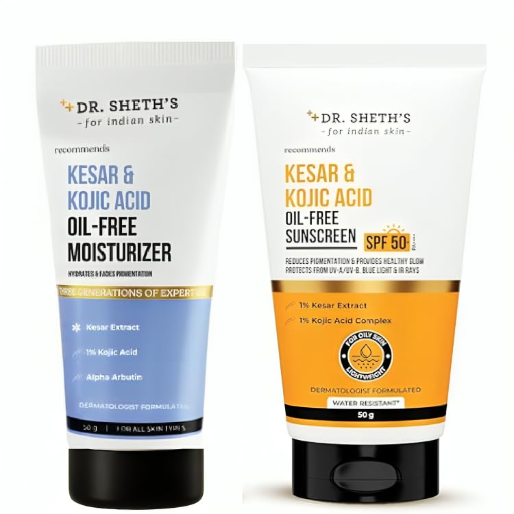 Dr. Sheth's Pigmentation-Free Duo - Kesar & Kojic Sunscreen SPF 50+ & Oil-Free Moisturizer | Brightens, Hydrates & Fades P...