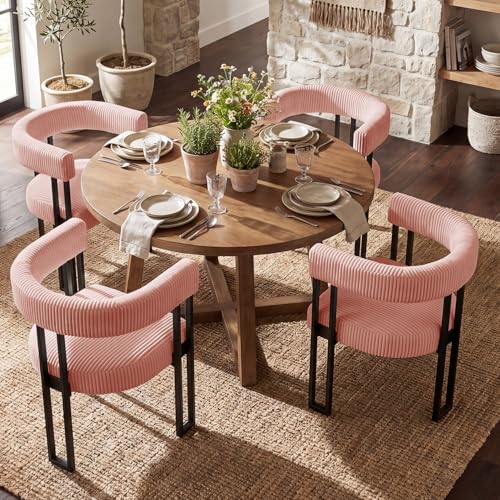 Image of Modern Corduroy Dining Chairs Set of 4 with Metal Legs,Comfy Accent Dining Room Chairs Upholstered Kitchen Side Chairs with Curved Backrest for Dining Room Kitchen Living Room (Pink,4)