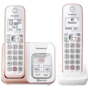 Panasonic Cordless Phone with Link2Cell Bluetooth, Voice Assistant, Answering Machine and Call Blocking, Expandable System with 2 Cordless Handsets – KX-TGD862G (Rose Gold)