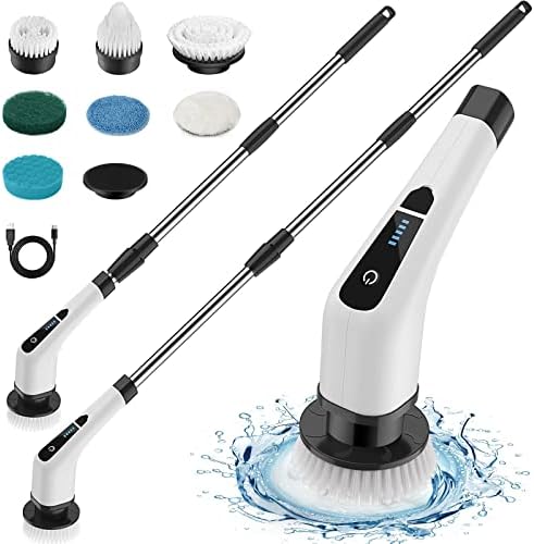 Electric Spin Scrubber, Cordless Cleaning Brush with 7 Replaceable Brush Heads & Adjustable Long Handle, Automatic Power Scrubber Mop Shower Cleaning Tool for Bathroom Tub, Floor, Tile, Kitchen, Car
