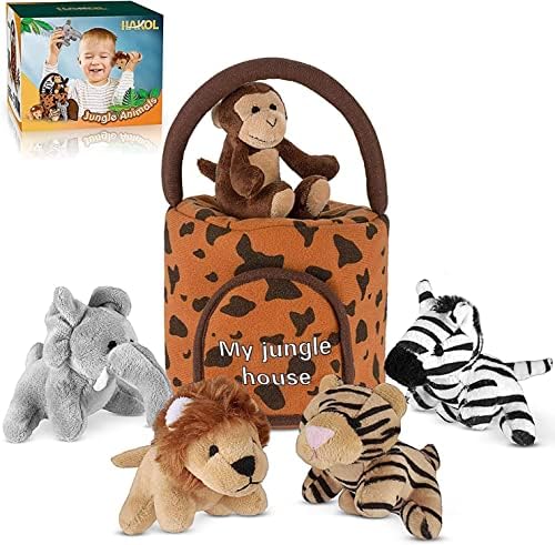 HAKOL Jungle Friends Talking Plushie Set - for 3 Year Old & up Boy & Girl Baby, Realistic Sounding Stuffed Animal Toys Babies, Toddlers & Children - Lion, Elephant, Tiger, Zebra & Monkey - Carrier