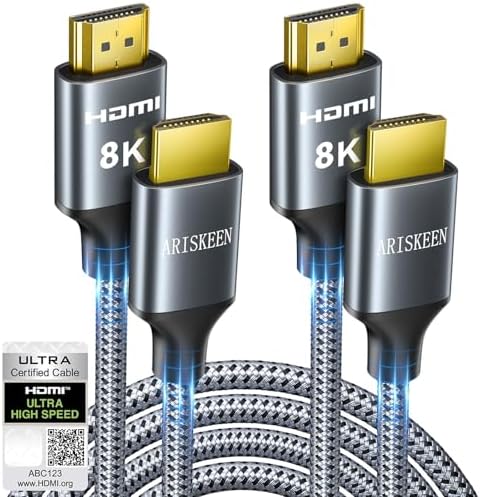 ARISKEEN 8K HDMI Cable 6FT 2-Pack, 48Gbps High Speed HDMI 2.1 Cable, 8K 60Hz, 4K 120Hz 144Hz Support for HDR 10, HDCP 2.2 2.3, eARC, DTS:X, Braided HDMI Cord Compatible with Laptop/HDTV - 6 Feet