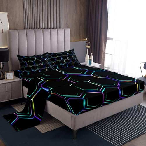 Honeycomb Bed Sheets Set Geometry Hexagonal Beehive Twin Sheet Set for Girls Kids Boys,Simplistic Geometrical Sheets,Gradual Blue Green Purple Neon Hexagon Room Decor