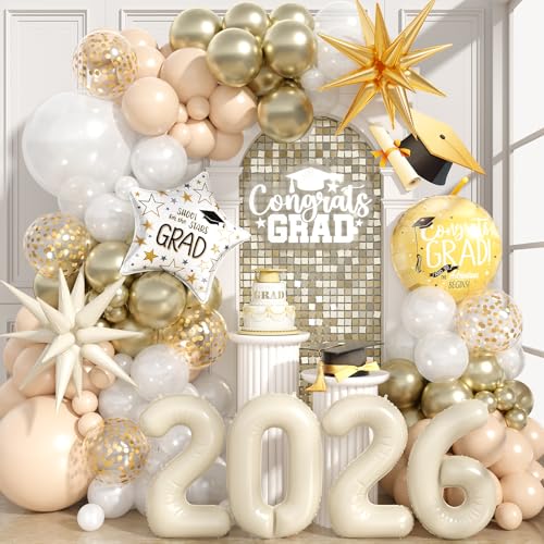 Sand White Gold Balloon Arch Kit Graduation Balloon Garland Sand Gold White Balloons with Foil Star Confetti Balloons for 2026 College High School Graduation Decorations Class of 2026