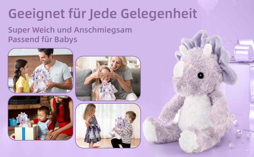 Dino Kuscheltier, Dinosaurier Kuscheltier 24 cm Plüschtier für Kinder, Süßes Lila Plüschtier, Soft Cuddly Friends, Kuschelfreunde zum Kuscheln und Spielen für Mädchen und Jungen, Waschmaschinenfest