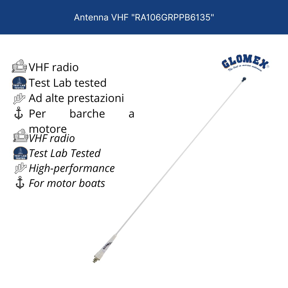Glomex – Kit Antenna VHF Glomeasy 0,9m (Bianco), Modello RA106GRPPB6135 – Include Antenna GRP, Cavo 6m, Supporto Passacavo, Adattatore, Per barche a vela, motore, gommoni, yacht – Installazione Rapida