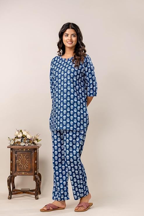 Image of Pure Cotton Printed Night Suit Set | Top Pyjama Set for Women | Night Dress of Kurta Pyjama Set for Women | Kurta Top Set