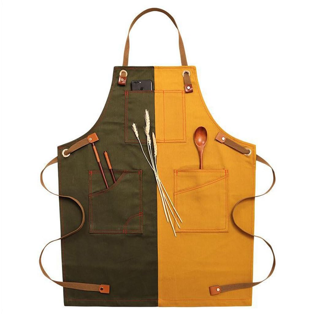 Delantal de chef, delantal de mezclilla unisex con bolsillos para cocina, restaurante, barista, barbería