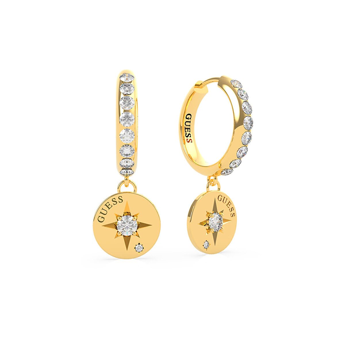 GUESS Pendientes de aro para mujer Compass Coin de acero inoxidable con cristales Swarovski 32014010