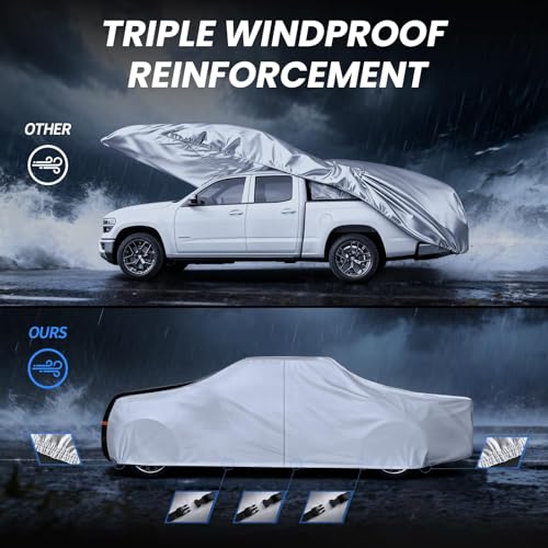 Image of Multi-Layer Ram 2500HD Truck Cover, Custom Fit 2002-2026 Mega /Quad Cab Long Bed(8') Car Cover Waterproof All Weather, Full Exterior Cover Rain Wind Dust and UV Protect with Door Zipper