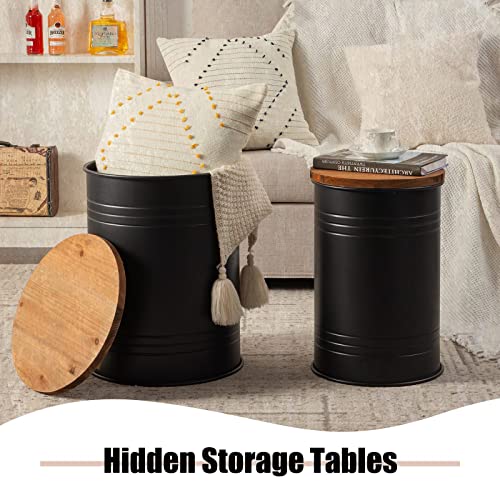 Poofzy Farmhouse End Tables Set Of 2, Galvanized Metal Decor Side Table With Wood Lid, Coffee Table Storage Stool For Living Room (Black) #TOP3