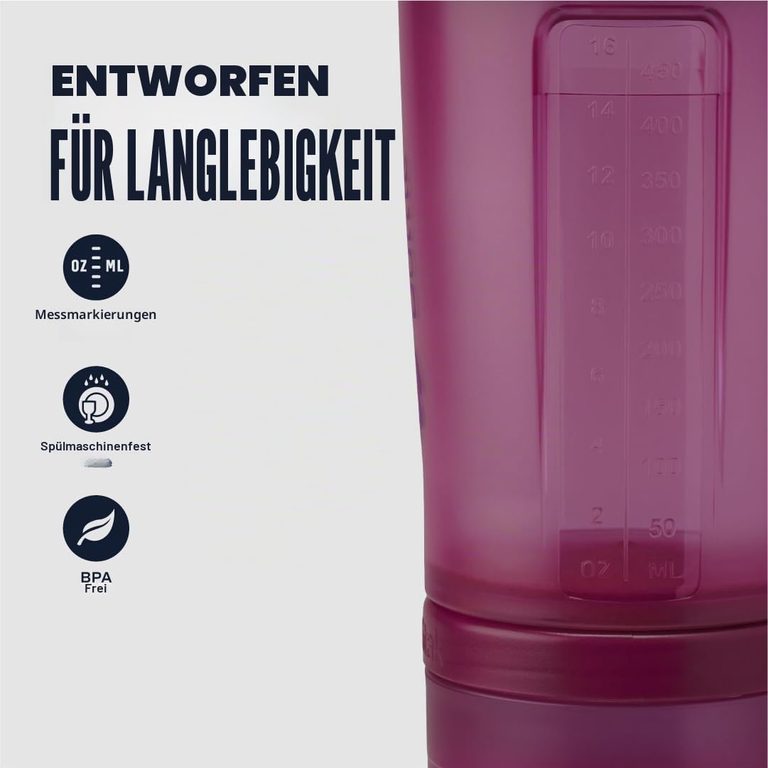 BlenderBottle ProStak PRO - Full Color , Shaker-Flasche mit Tablettenorganizer und Aufbewahrung für Proteinpulver, ProStak System, 625 ml, Plum