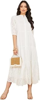 Styli Women Self Design Mandarin Collar Puff Sleeve Cotton A-Line Dress | Stylish One Piece Dress for Women | Perfect Long Dress for Casual, Party