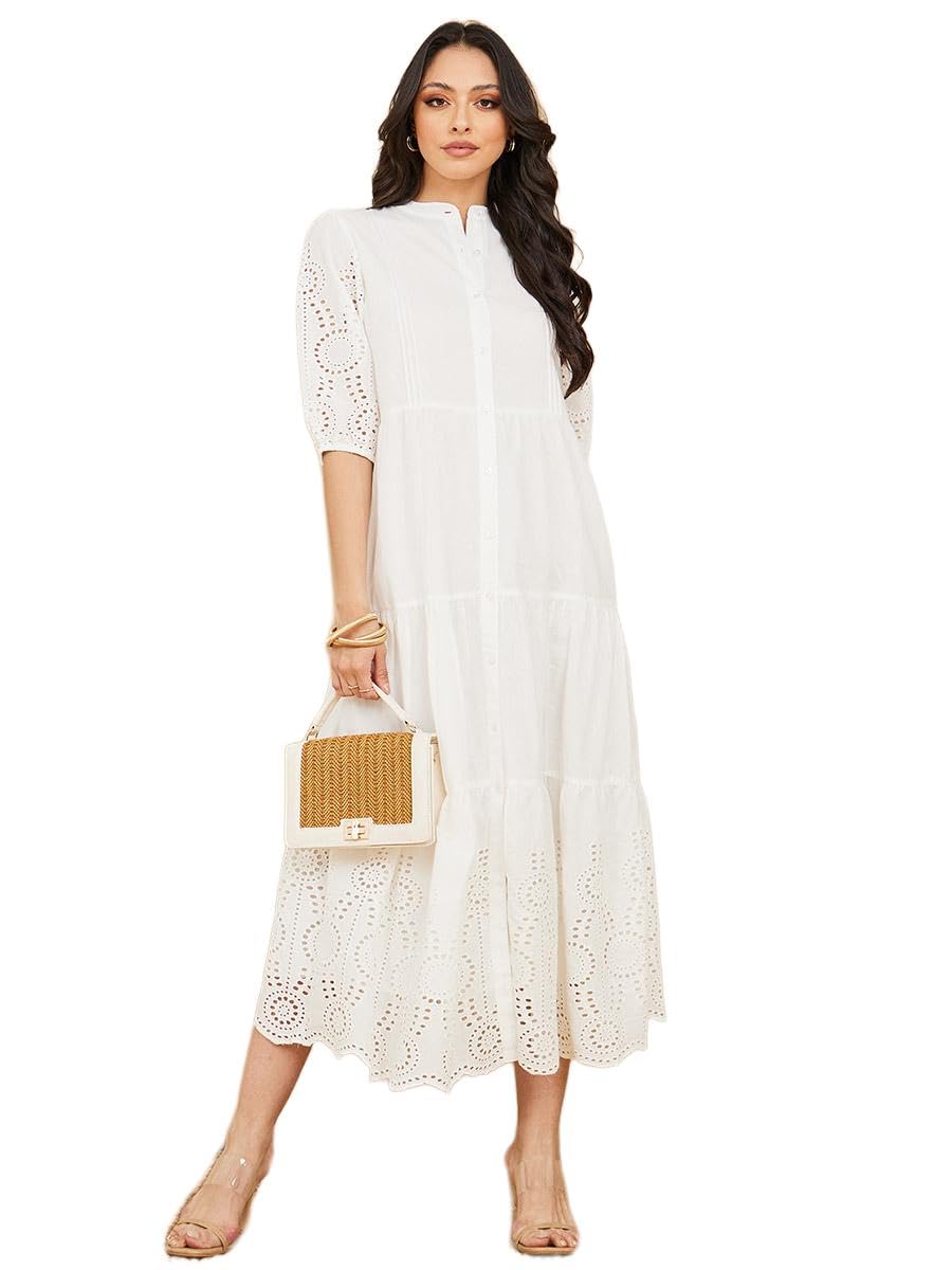 SNITCH Women Self Design Mandarin Collar Puff Sleeve Cotton A-Line Dress | Stylish One Piece Dress for Women | Perfect Long Dress for Casual, Party in neutral