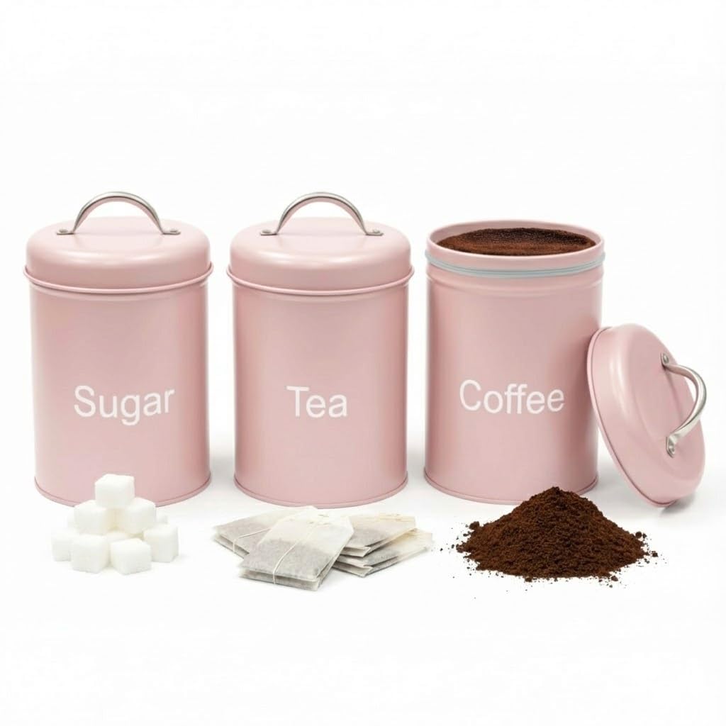 ADEPTNA 3-Piece Tea Coffee Sugar Canister Set โ Airtight Metal Kitchen Storage Jars with Lids โ Durable Round Food Containers โ Easy Clean, Minimal Modern Design for Home, Office & Camping (PINK)