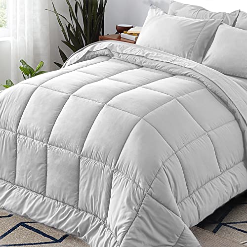 Full Size 7 Pieces Bed In A Bag Bedding Set - Lightweight Light Grey Comforter Set, All Season Ultra Soft Down Alternative Bedding Comforter Set With Comforter, Pillowcase, Flat Sheet, Fitted Sheet #TOP3
