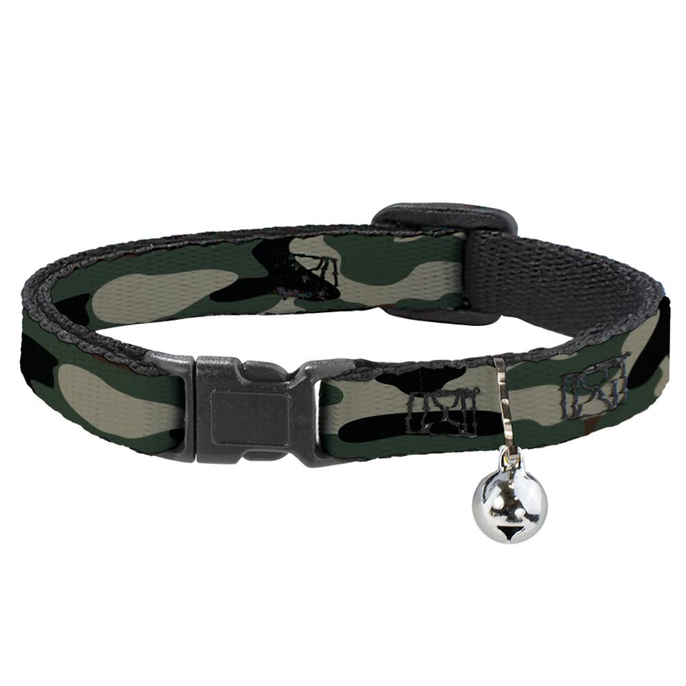 Buckle-Down Camo Olive Collar, Breakaway Cat Collar with Bell, Plastic Clip, Easy Adjustable, 8.5 to 12"-0.5" Wide