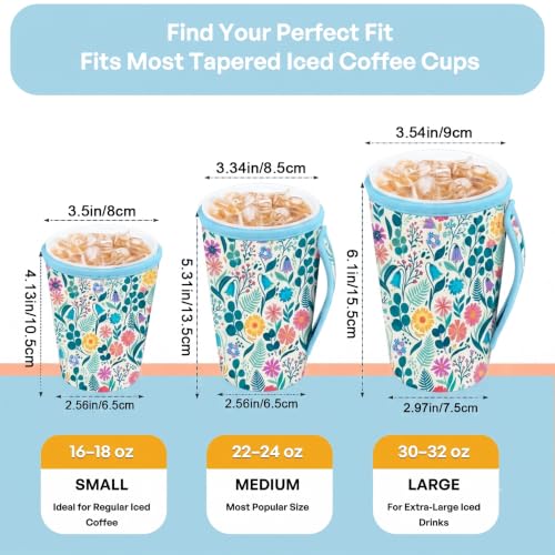 Image of KJQJLY 3 Pack Reusable Iced Coffee Sleeves for Iced Coffee Cups or Drinks Reusable Neoprene Insulated Sleeves for Hot and Cold Drinks from Starbucks, Dunkin, And More (White Flower Bush)