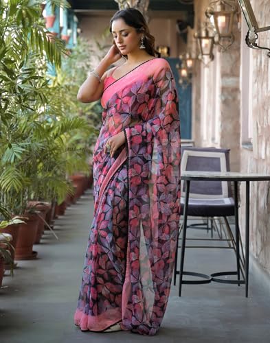Image of SIRIL Women's Chiffon Printed Saree with Unstitched Blouse Piece