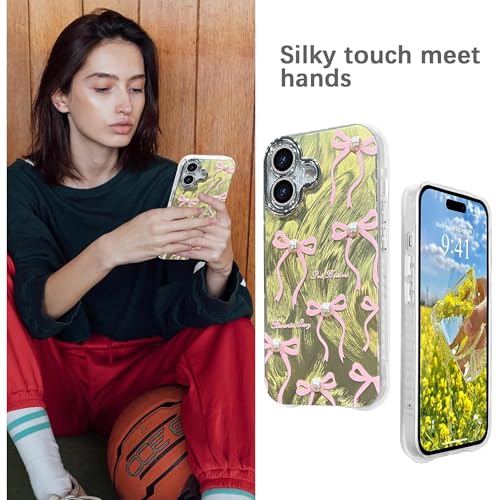 Image of VONZEE Compatible with iPhone 17 6.3'' Case Luxury Pink Girly Cute 3D Bow Pearl Glitter Bling Case with Full Camera Protection Shockproof PC+TPU Glossy Shiny Cover for Girls Women, Green