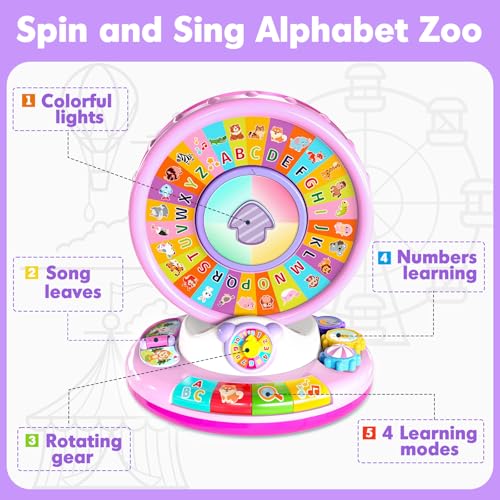 Image of Toys for 1 2 3 Year Old Girls, Spin & Sing ABC Alphabet Learning Zoo with Lights & Sounds, Musical Educational Toy for Toddler 1-3, Christmas 1st Birthday Gifts for Baby Kids Age 12-18 Months+
