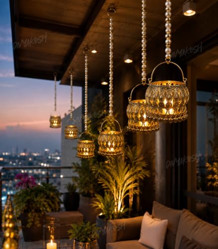 Image of Divyakosh Pack of 4 Festive Hanging LED Decor, Decorative Hang Tea Light Lantern, Temple & Festive Hangings Light, Diwali, Temple, Pooja, Lakshmi Ganpati Decor| 4 LED Lights