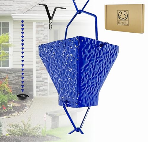 U-nitt Rain Chain Water Collection for Gutters, Rainwater Catcher & Diverter, 8.5 FT Chains for Outside Garden, Blue Square Cups, Roof Downspout, Works with Heavy Rain, w/Gutter Clip for Rainchains