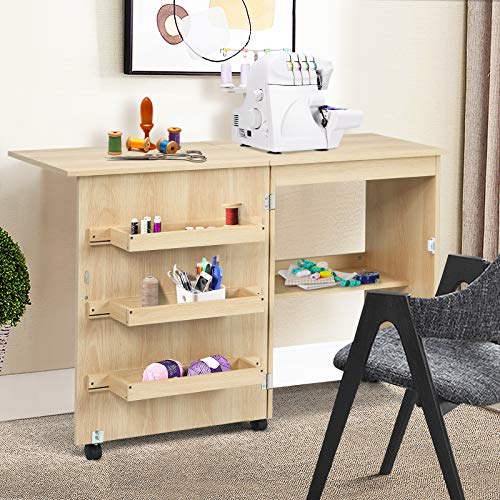 COSTWAY 2 in 1 Nähschrank & Schreibtisch klappbar, Nähtisch aus Holz mit 3 Einlegeböden für Spulen & feststellbare… – Bild 7