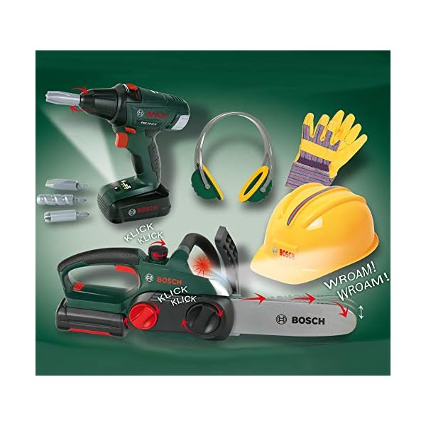 Theo Klein 8577 Bosch Bauarbeiter-Set I Akkuschrauber und Kettensäge mit Licht und Sound I Inkl. Zubehör I Spielzeug für… – Bild 4
