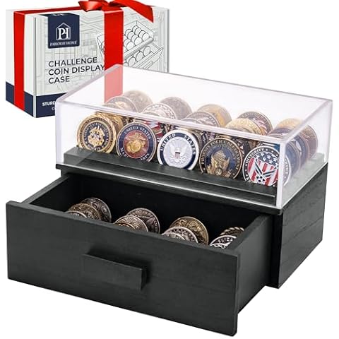Black Wooden Challenge Coin Display Case with Clear Cover - Medium Military Coin Display Case Holds 20 Coins on Top & 16 in The Storage Drawer - Versatile Coin Stand Holder & Poker Chip Display Case Cover