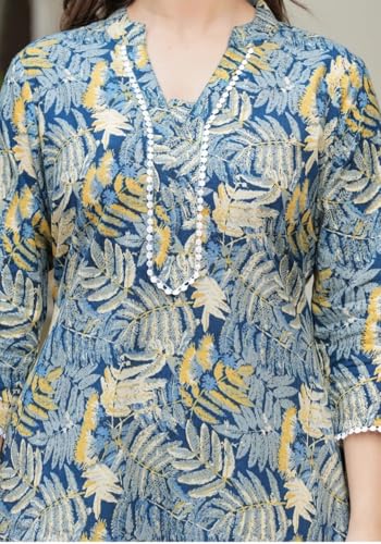 Image of Women's Cotton Floral Printed V-Neck A-Line Kurta /Regular Fit Kurti-3 /4 Sleeve